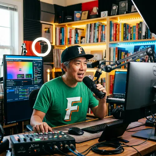 Asian Man in Broadcasting Room | Engaging with Technology