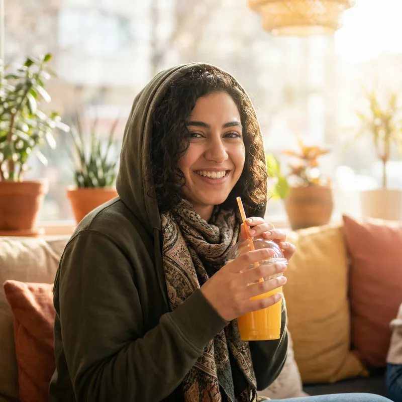 Girl in Hoodie Holding Juice