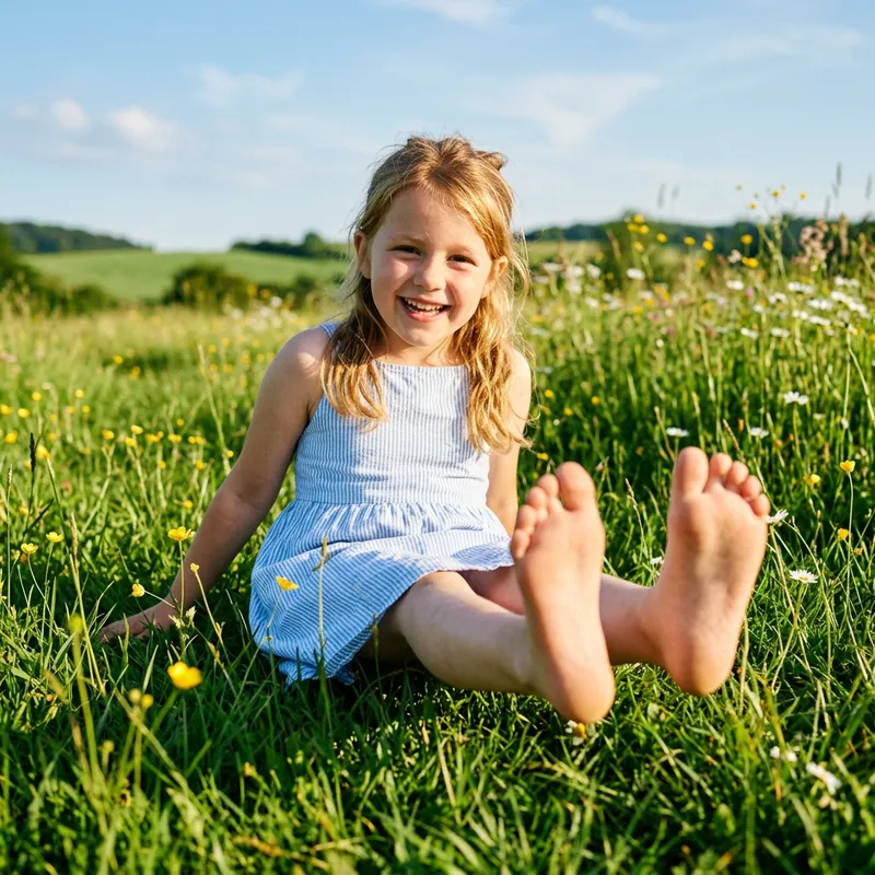 Joyful Barefoot Girl Laughing on Lush Meadow | Clean Soles Joyful Barefoot Girl Laughing on Lush Meadow | Clean Soles