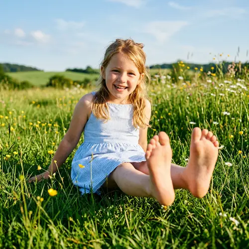 Joyful Barefoot Girl on Lush Meadow | Summer Laughter