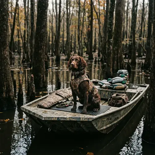 Boykin Spaniel on Duck Boat in Flooded Timber