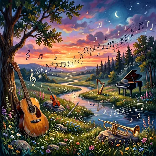 Tranquil Music Harmony: Artistic Landscape with Musical Instruments