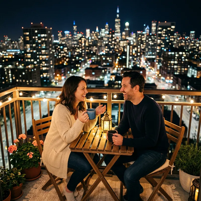 Romantic Balcony Moments: Coffee and City Lights