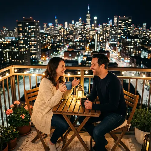 Romantic Balcony Moments: Coffee and City Lights