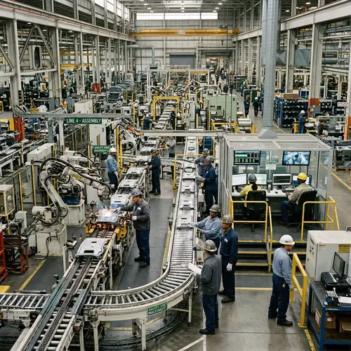 Detailed Industrial Production Process: Conveyor Belts, Heavy Machinery, Employees