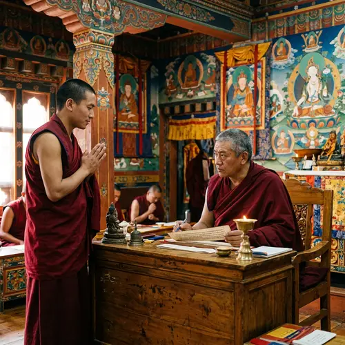 Bhutanese Monk Judging Scene in Tranquil Temple Interior