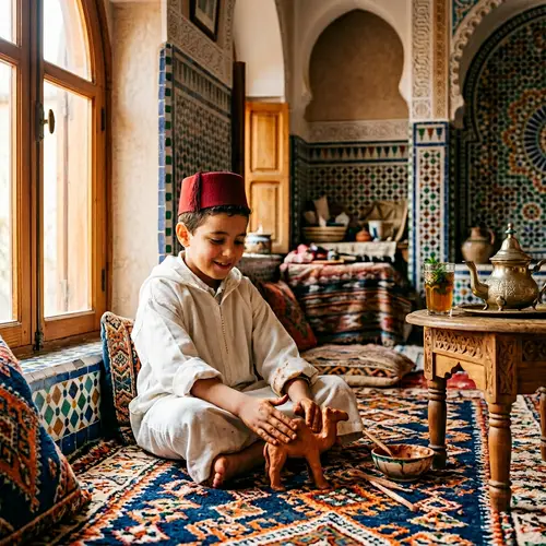 Young Moroccan Boy Crafting Clay Figure on Woven Rug