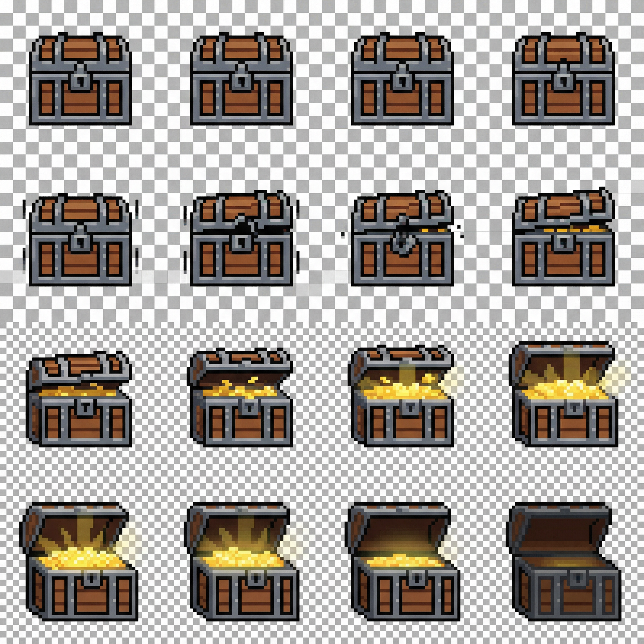 16-Frame Chest Opening Sprite Sheet for Unity | AI Art Generator