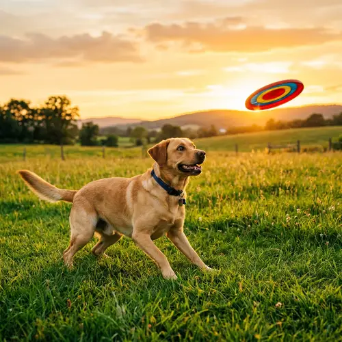 Playful Labrador Retriever Fetching Frisbee in Green Field