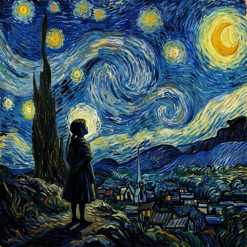 Starry Night with Girl in Van Gogh Style