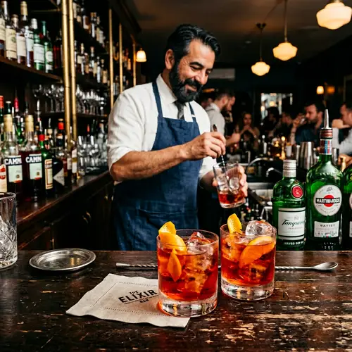 60-Year-Old Bartender Serving Negroni Cocktails