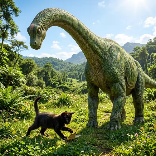 Playful Kitten Meets Gentle Dinosaur in a Verdant Landscape