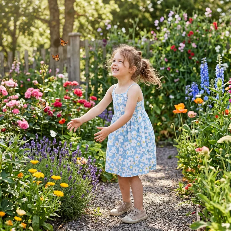 Little Girl Playing in Colorful Garden Little Girl Playing in Colorful Garden