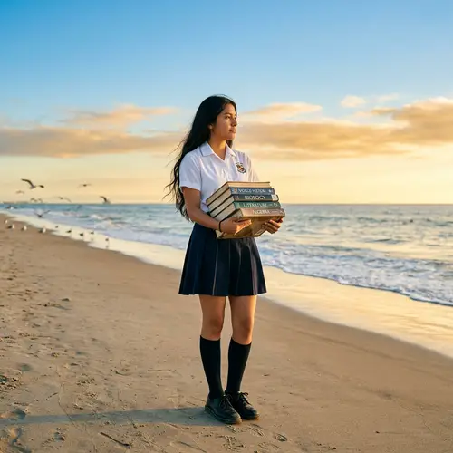Hispanic Teenager in School Uniform on Sandy Beach