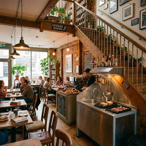 Cozy Cafe with Staircase and Grill Sink