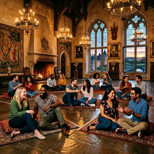 Diverse Couples Engaged in Conversation in Enormous Castle
