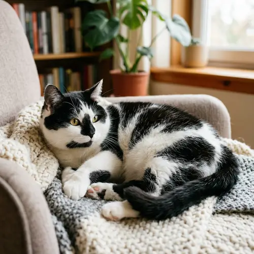 Adorable Chunky Cat with Black and White Patches Resting Comfortably