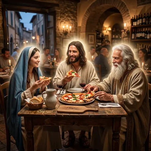 Divine Pizza Feast: Jesus, Mary, and God in Hyper-Realistic Style