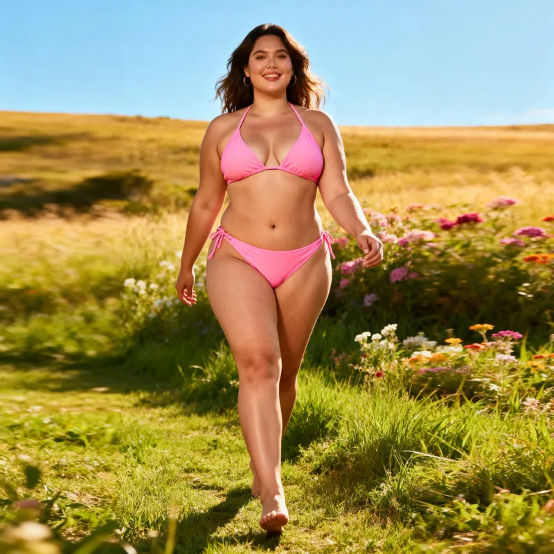 Confident Curvy Woman in a Pink Bikini Outdoors