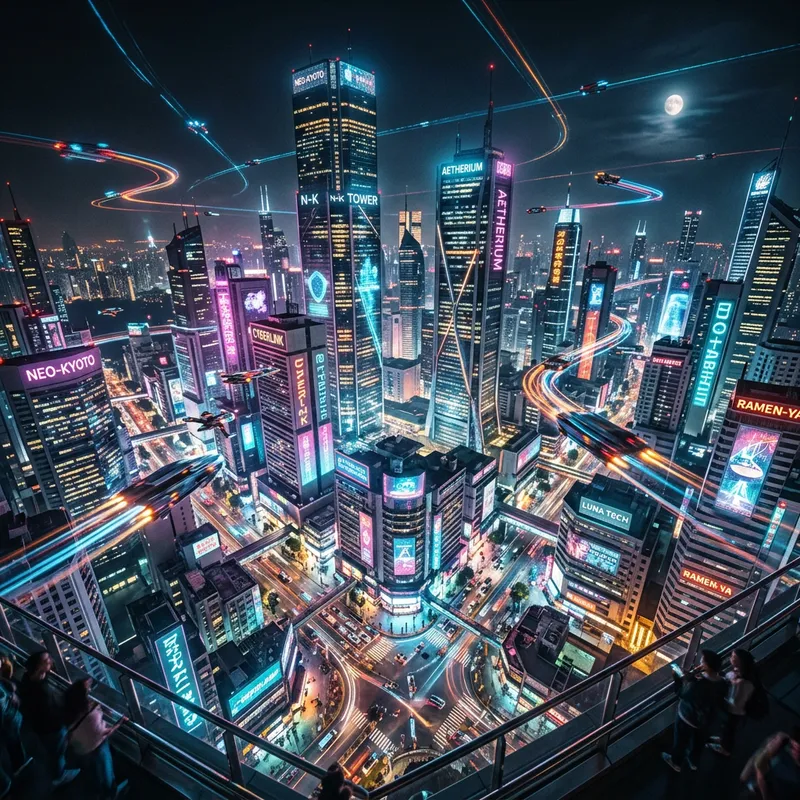Cyberpunk Cityscape with Flying Cars and Neon Lights