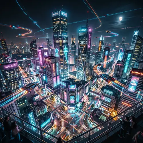 Futuristic Cityscape with Flying Vehicles and Neon Lights