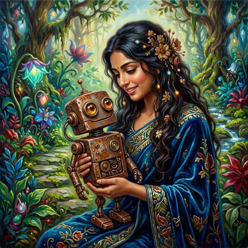 Whimsical Art: Woman with Charming Rusty Robot