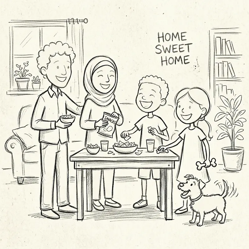 Diverse Stick-Figure Family of Color with Dog - Joyful Scene