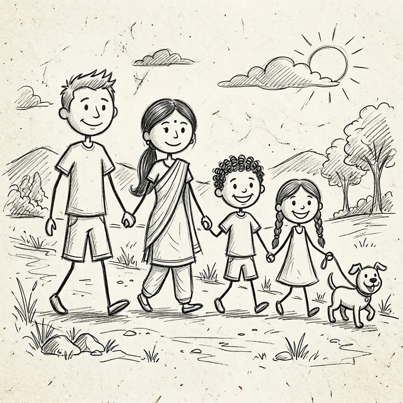 Stick Figure Family Drawing of Me, My Wife, Son, Daughter, and Dog