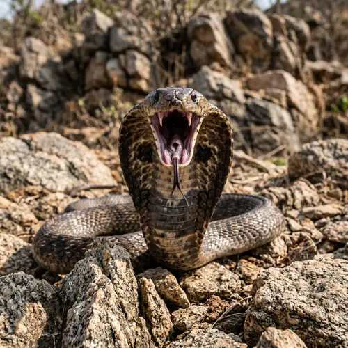Menacing Open-Mouthed Cobra on Rocky Scene