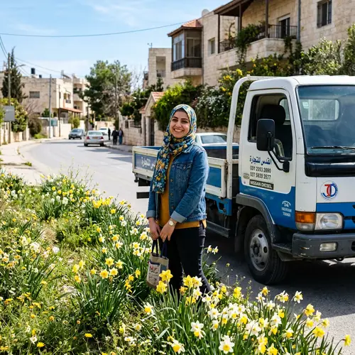 Smiling Middle-Eastern Woman with Truck and Daffodils