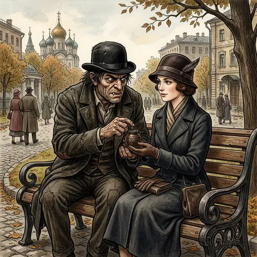 Illustration of Azazello Giving Magical Ointment to Margarita in 1920s Moscow