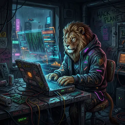 Lion in Hoodie Cyberpunk Digital Art