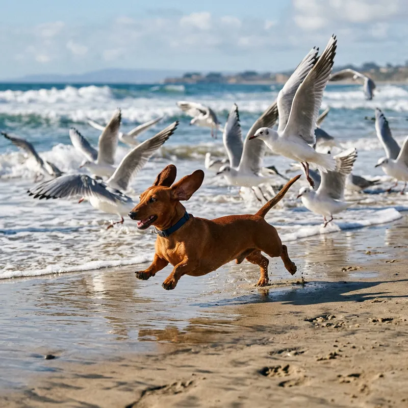 Vibrant Dachshund Running on Sandy Beach | Dynamic Pet Photography Vibrant Dachshund Running on Sandy Beach | Dynamic Pet Photography