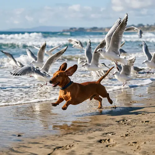 Playful Dachshund Running on Sandy Beach | Pet Photography Action Shots