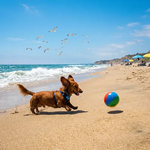 Lively Dachshund Playing on Sunlit Beach with Seagulls