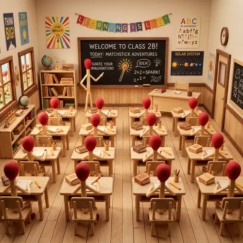 Unique Matchstick Classroom Scene with Red-Headed Students and Teacher