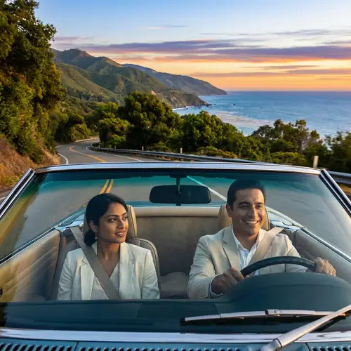 Cheerful Hispanic Man and South Asian Woman Enjoying Scenic Drive