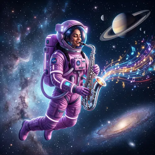 Space Musician: South Asian Astronaut Playing Saxophone in Cosmos