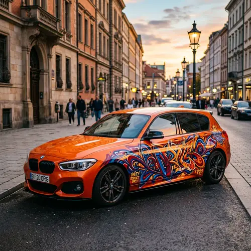 Vibrant Valencia Orange BMW F20 with Graffiti Art on Urban Street