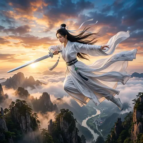 Chinese Female Warrior in White Hanfu with Silver Longsword