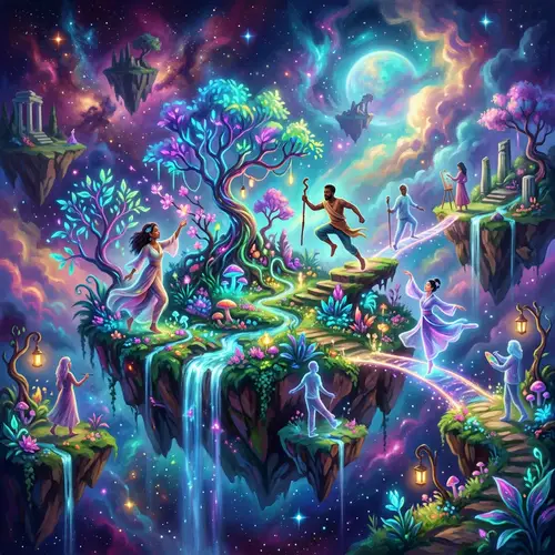 Surreal Dreamscape with Glowing Flora and Ethereal Figures