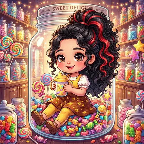 Chibi Style Illustration of Light Skin American Girl in Candy Jar