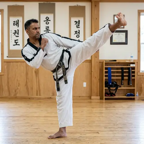 South Asian Man Demonstrating Tae Kwon Do Kick | Martial Arts Practice