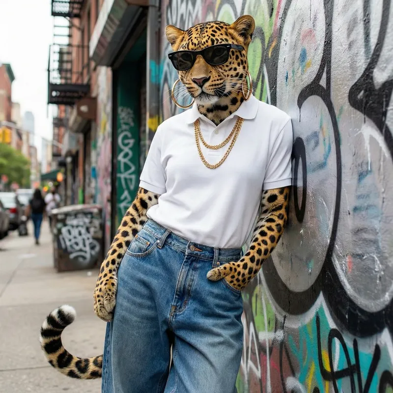 Stylish Leopard in Baggy Jeans and White Polo Stylish Leopard in Baggy Jeans and White Polo