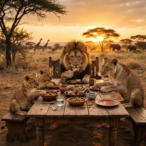 Family of Lions Enjoying a Meal: Warm Savannah Scene