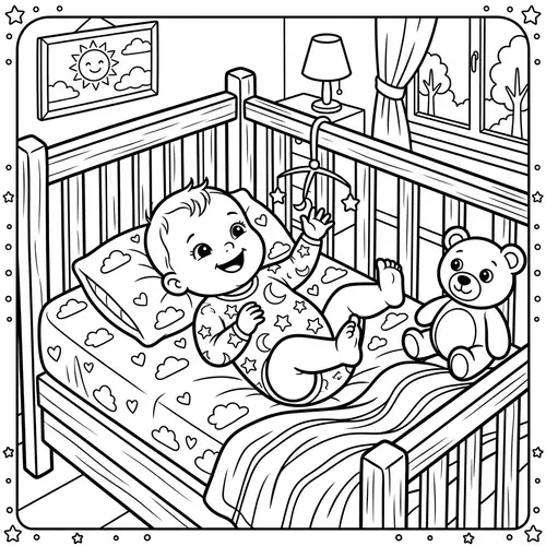 Happy Baby in a Crib Coloring Book Page