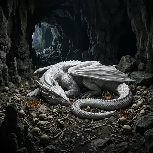 Majestic Dragon in Dark Cave of Bones and Crowns