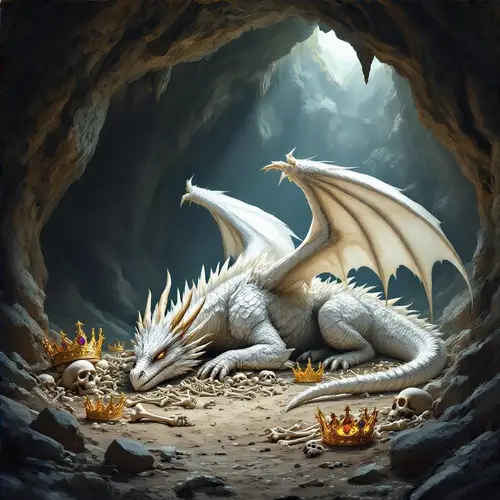 Majestic Dragon in Dark Cave of Bones and Crowns