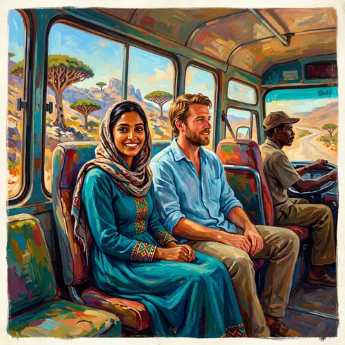 Vibrant Bus Ride Featuring Diverse Characters in Socotra Island