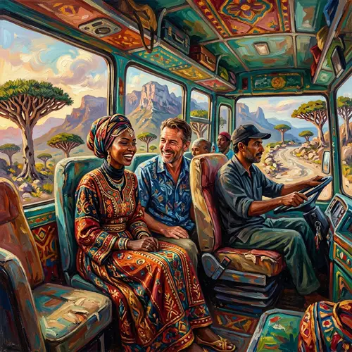 Cultural Diversity & Natural Beauty: Somali Woman and Man on Vibrant Bus Ride